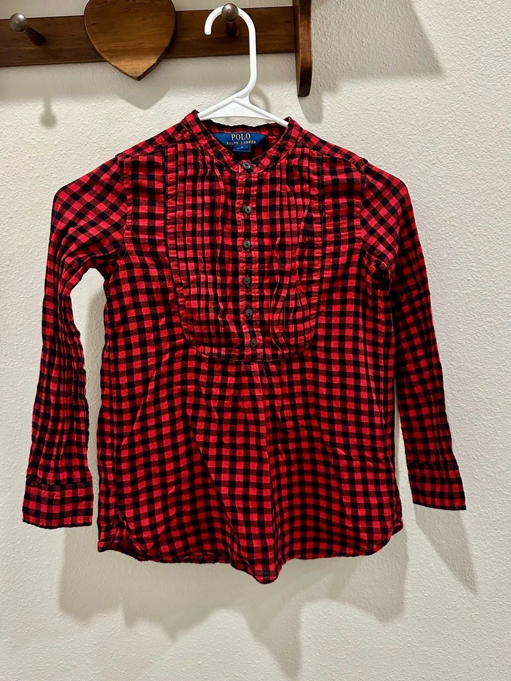 Polo Ralph Lauren Girls Red Black Gingham Long Sleeve Blouse Size 7